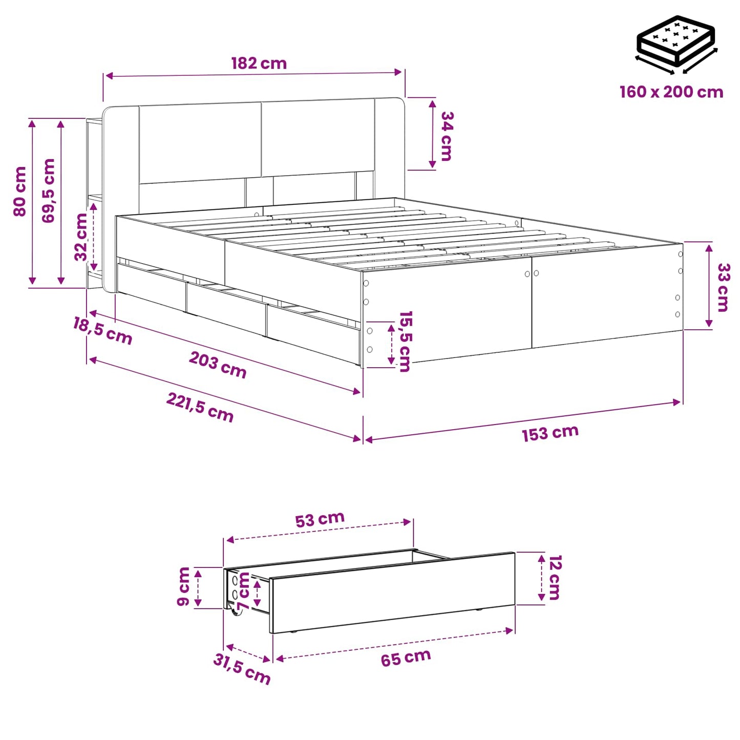 Bed Frame with Storage and Headboard Artisan Oak 150 x 200 cm