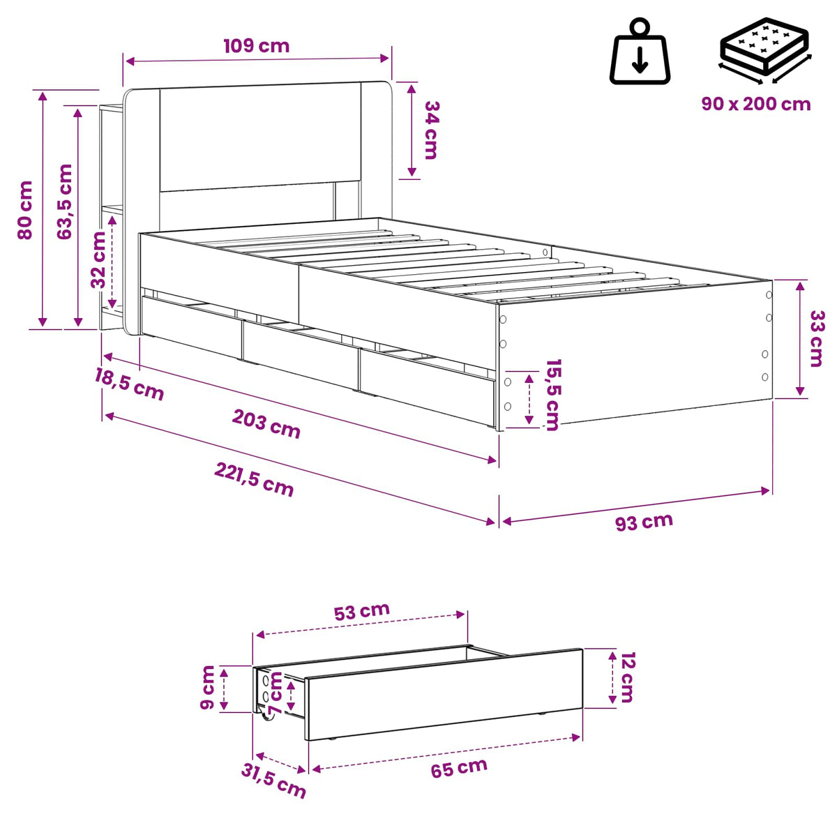 Bed Frame with Storage and Headboard Artisan Oak 90 x 200 cm