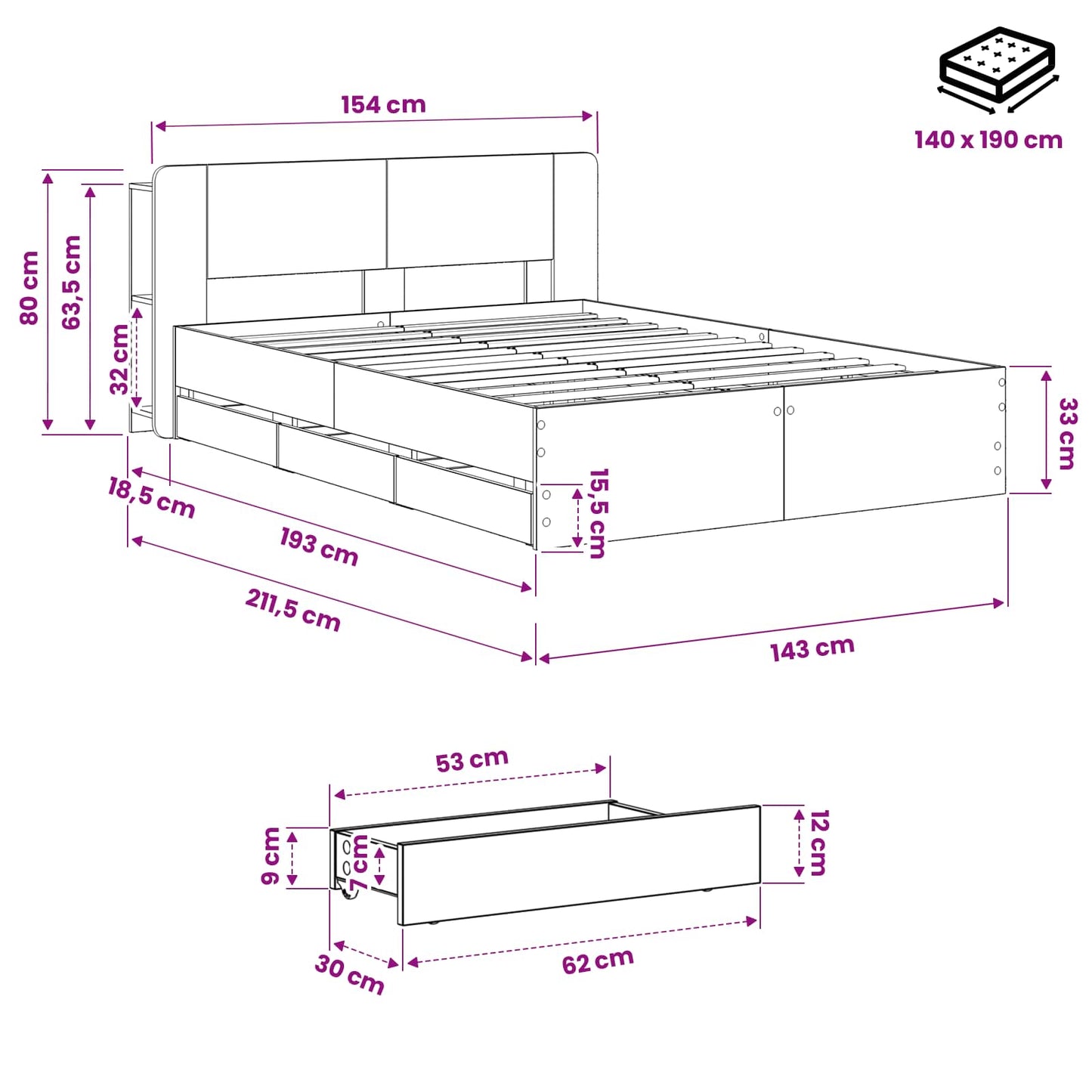 Bed Frame with Storage and Headboard Artisan Oak 140 x 190 cm