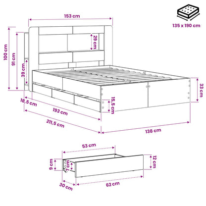 Bed Frame with Storage and Headboard Artisan Oak 135 x 190 cm