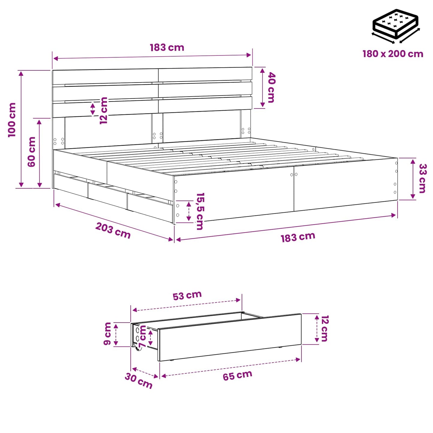 Bed Frame with Storage and Headboard Artisan Oak 180 x 200 cm