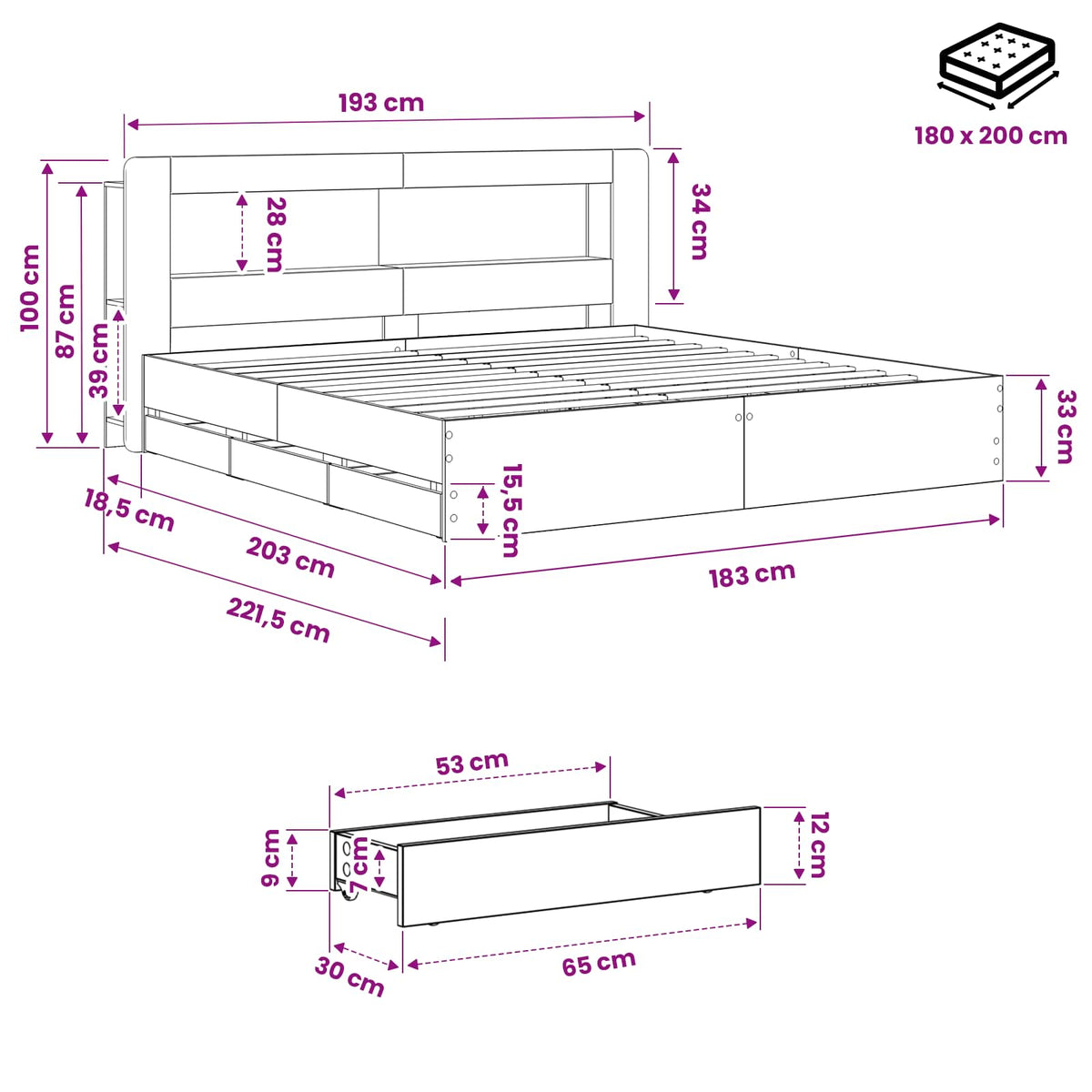 Bed Frame with Storage and Headboard Artisan Oak 180 x 200 cm