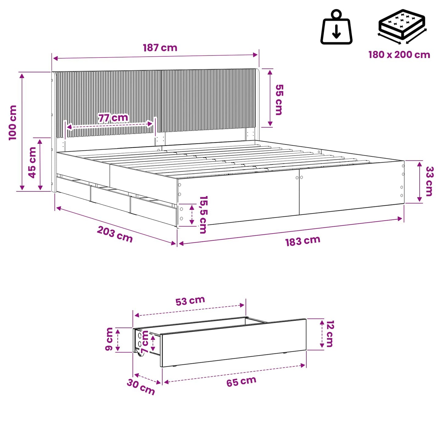 Bed Frame with Storage and Headboard Artisan Oak 180 x 200 cm