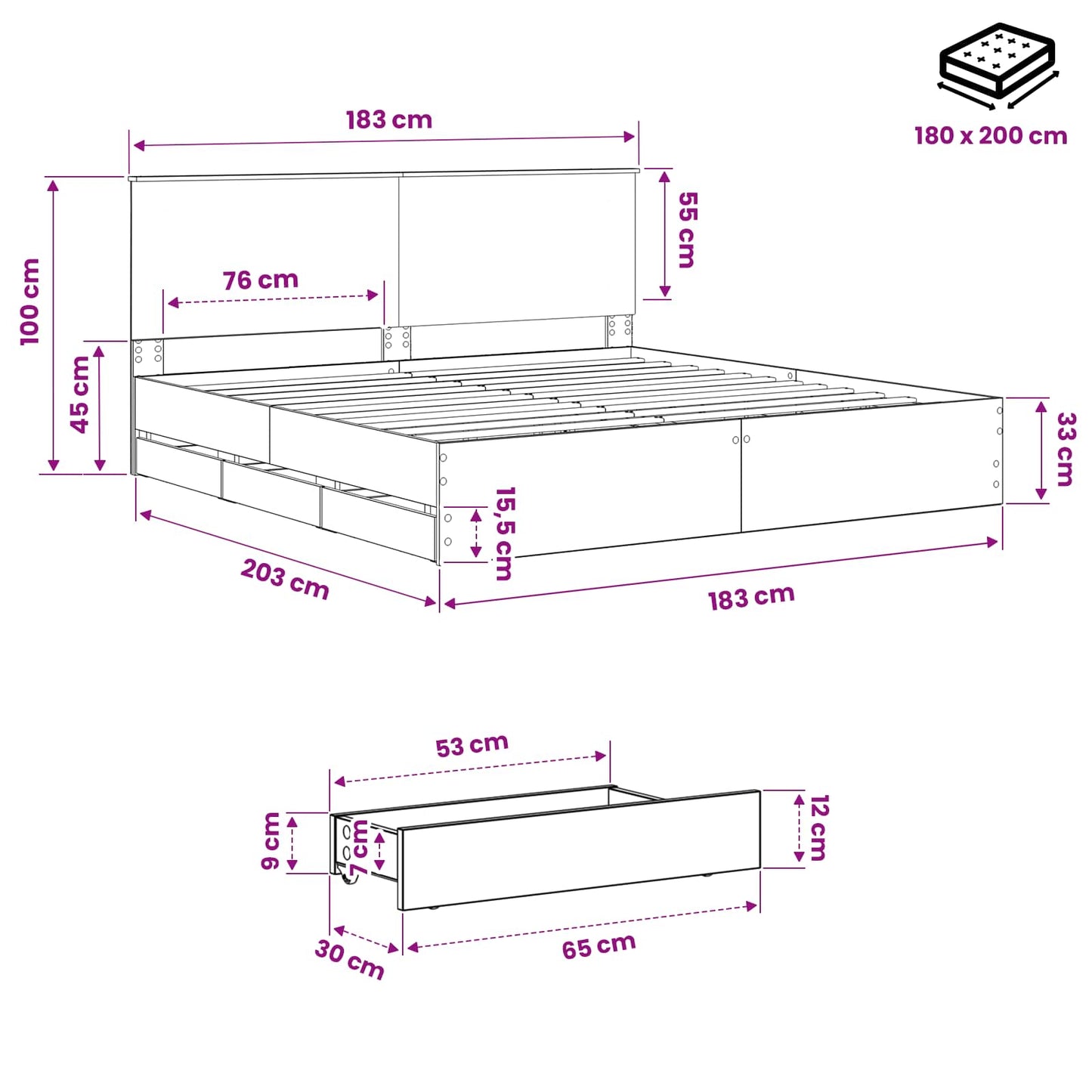 Bed Frame with Storage and Headboard Artisan Oak 180 x 200 cm
