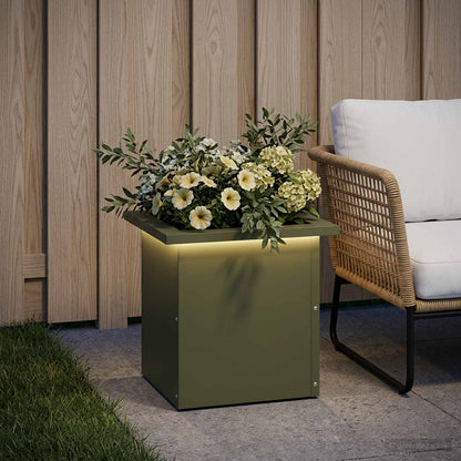 Garden Planter with LED Olive Green 30 x 30 x 30 cm Steel