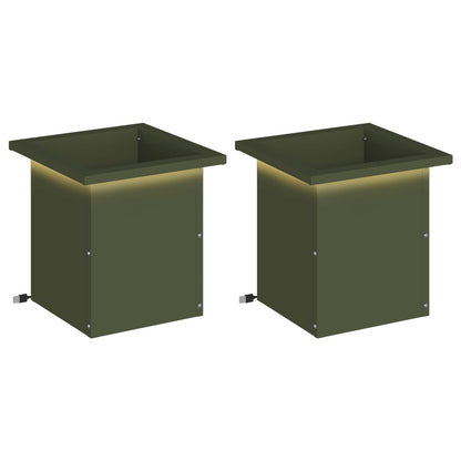 Garden Planter with LED 2 pcs Olive Green 30 x 30 x 30 cm Steel