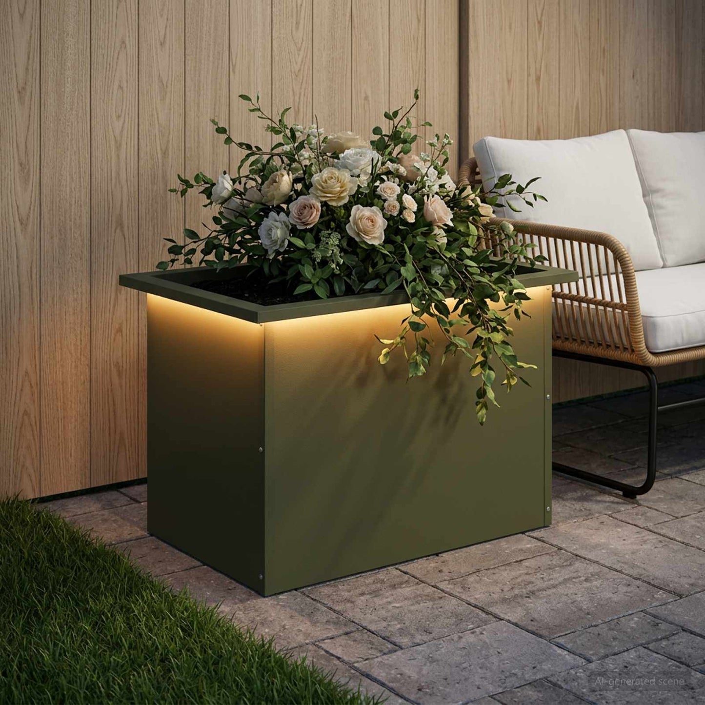 Garden Planter with LED Olive Green 40 x 60 x 40 cm Steel