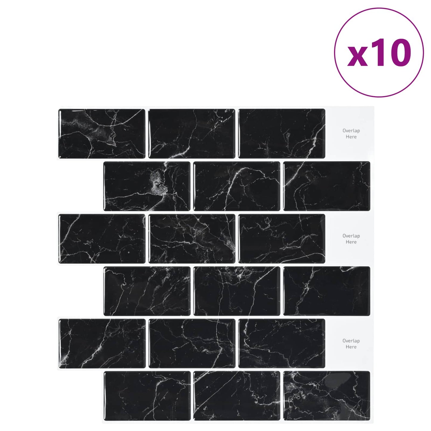 Subway Tile 10 pcs Black Marble 30 x 30 cm Polyurethane and PET