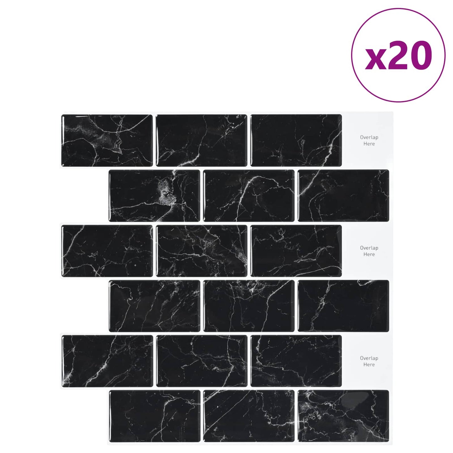 Subway Tile 20 pcs Black Marble 30 x 30 cm Polyurethane and PET
