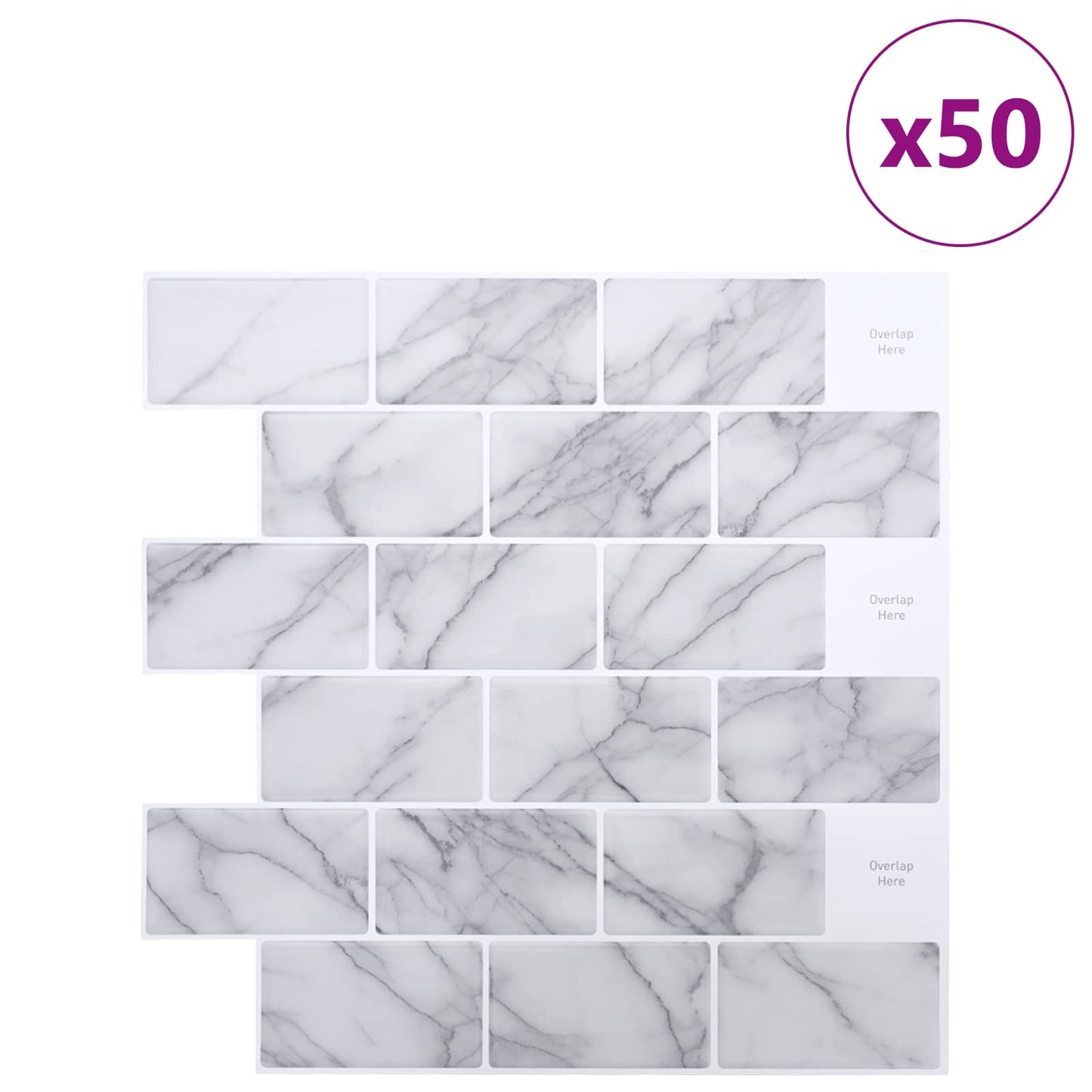 Subway Tile 50 pcs White Marble 30 x 30 cm Polyurethane and PET