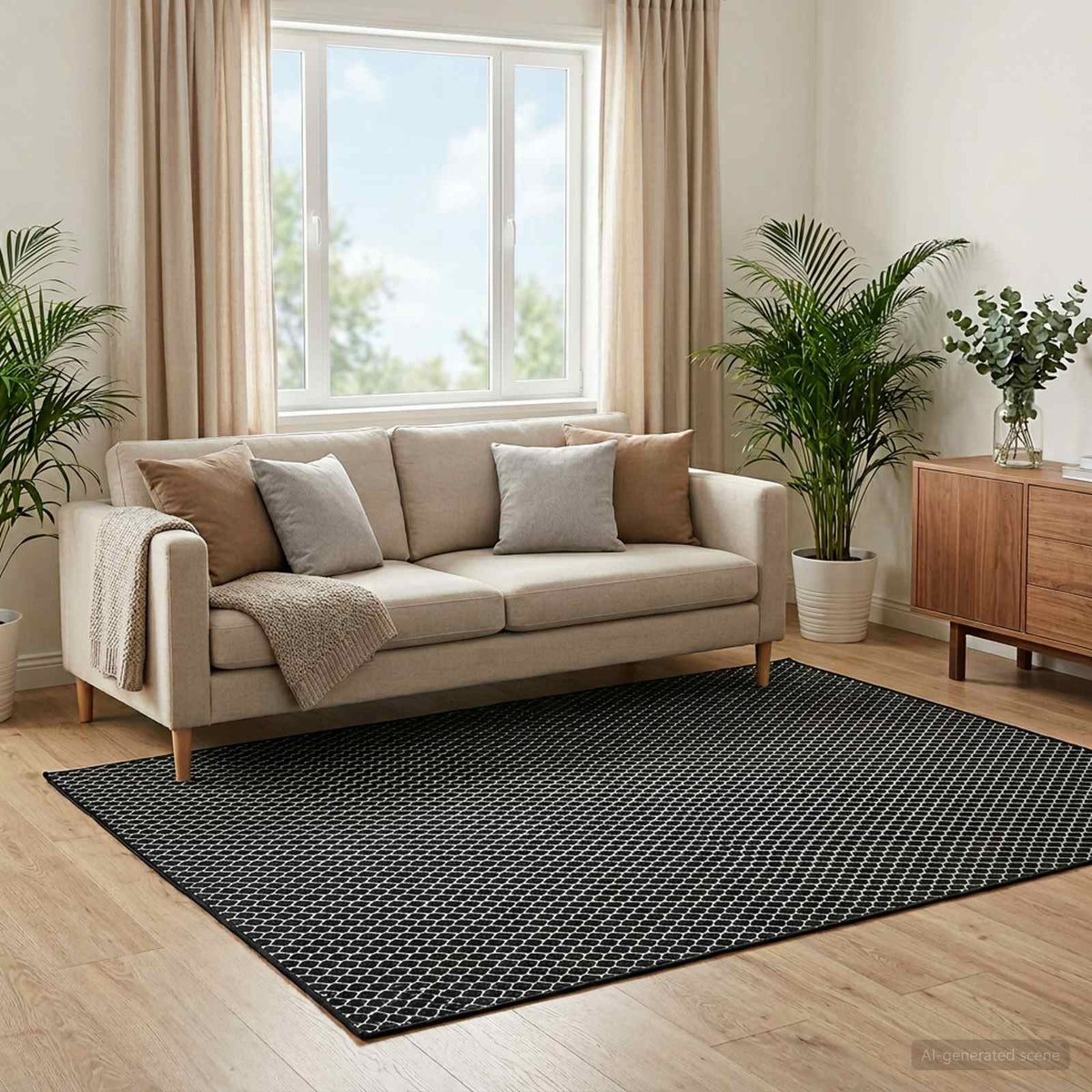 Rug ORIZ Black Mesh Pattern 160 x 160 cm 100% Polyester