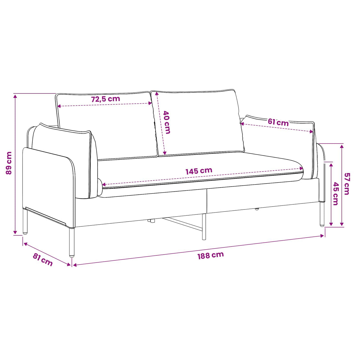 2-Seater Sofa 2-Seater Light Grey 188 x 81 x 89 cm Velvet