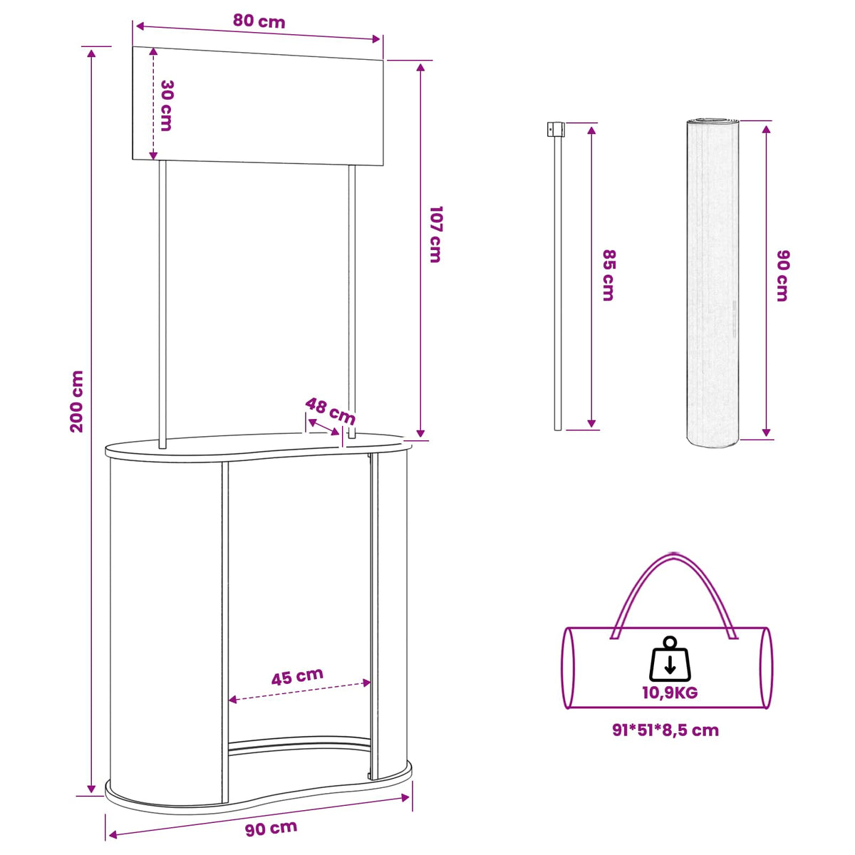 Trade Show Counter Black and White 90 x 48 x 200 cm