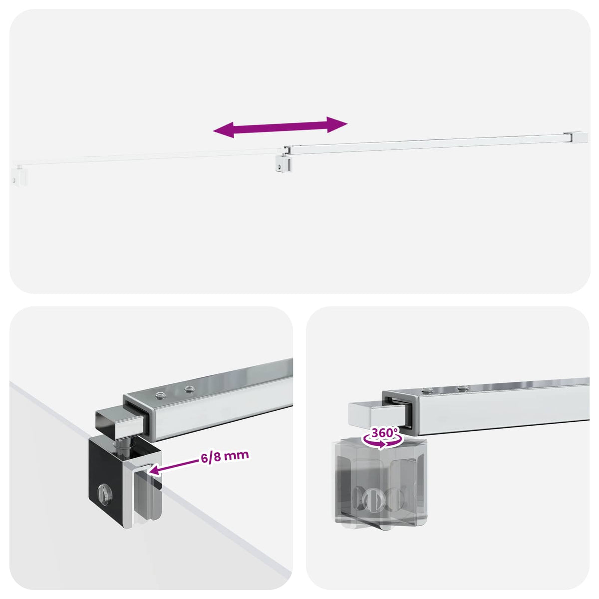 Shower Door Support Bar 70-120 cm for 6/8 mm Glass Chrome