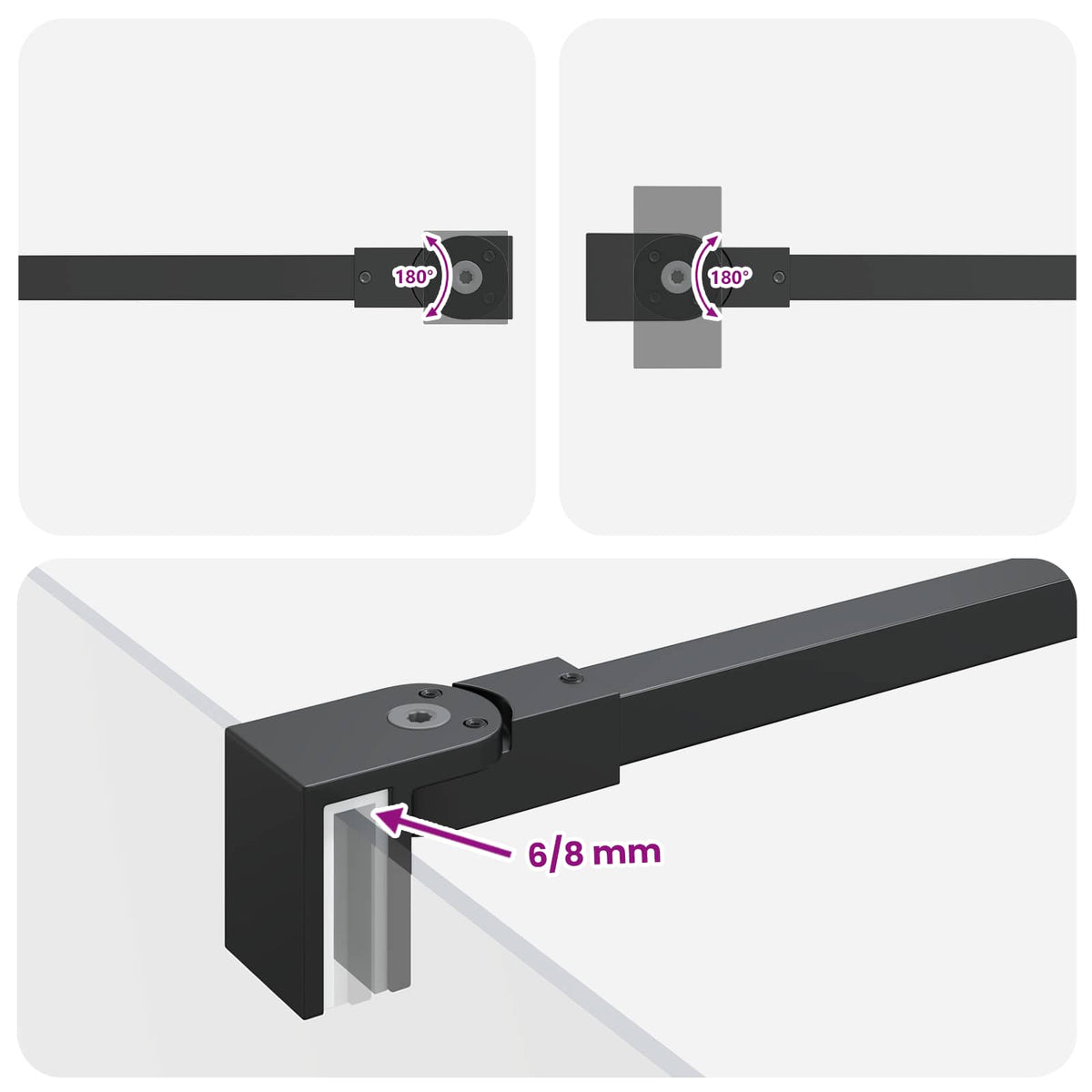 Shower Door Support Bar 47.5 cm for 68/ mm Glass Black