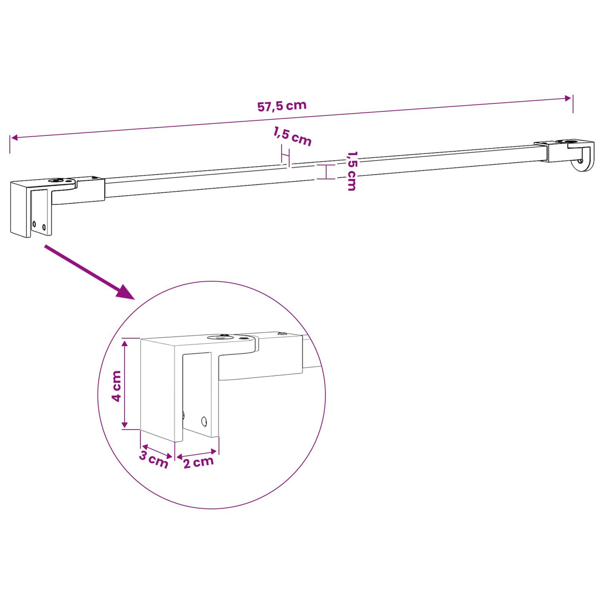 Shower Door Support Bar 57.5 cm for 68/ mm Glass Black