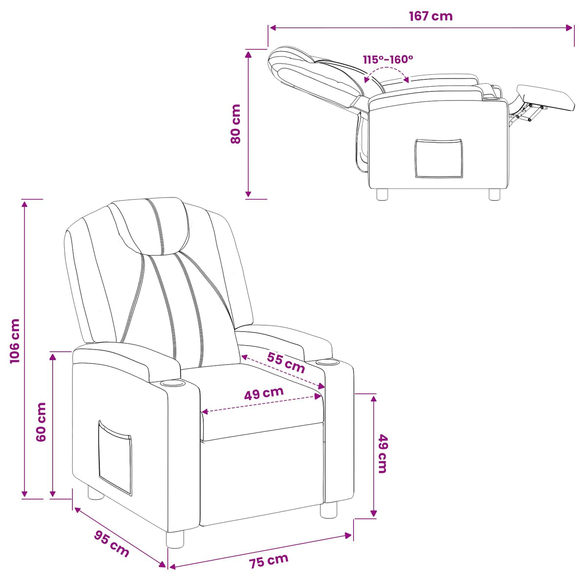 Recliner Chair Grey 75 x 95 x 106 cm Fabric