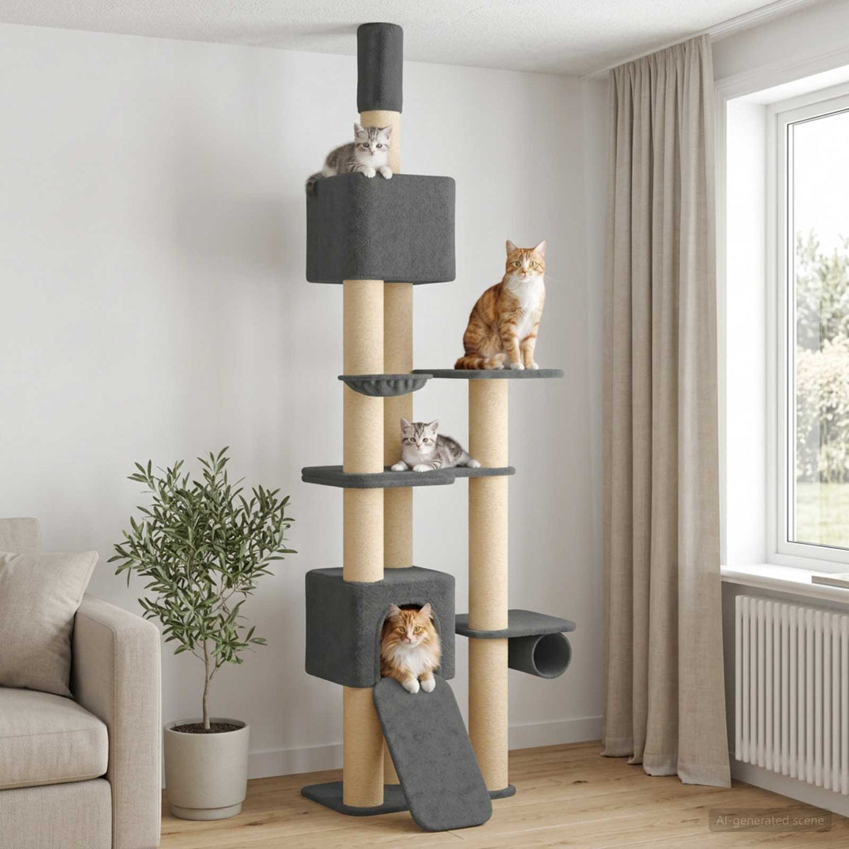 Floor-to-Ceiling Cat Tree with Sisal Post Dark Grey 257-283 cm