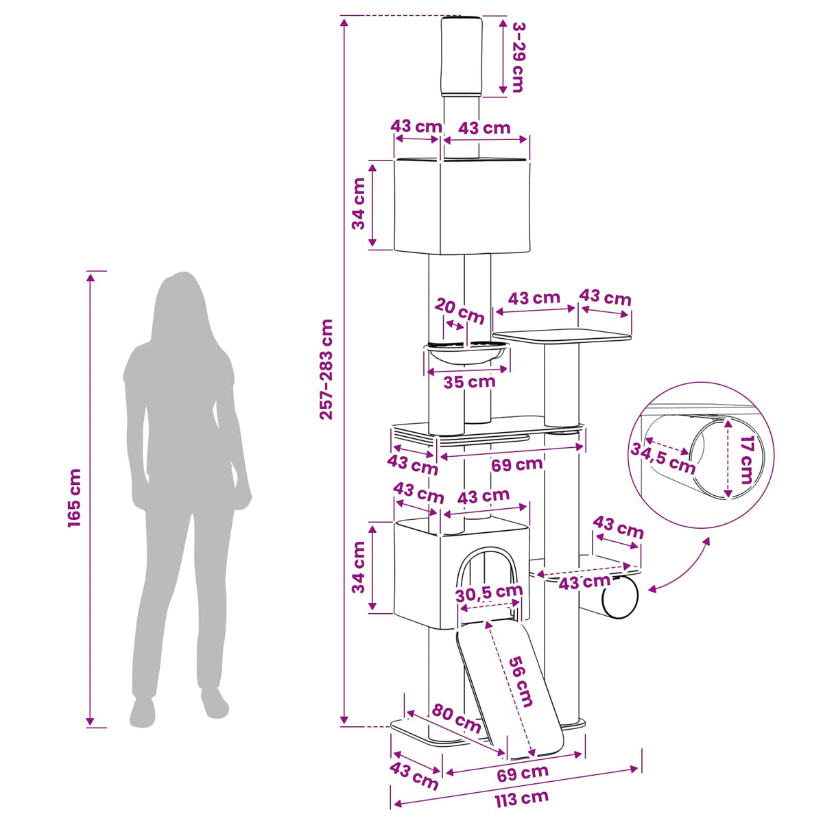 Floor-to-Ceiling Cat Tree with Sisal Post Dark Grey 257-283 cm