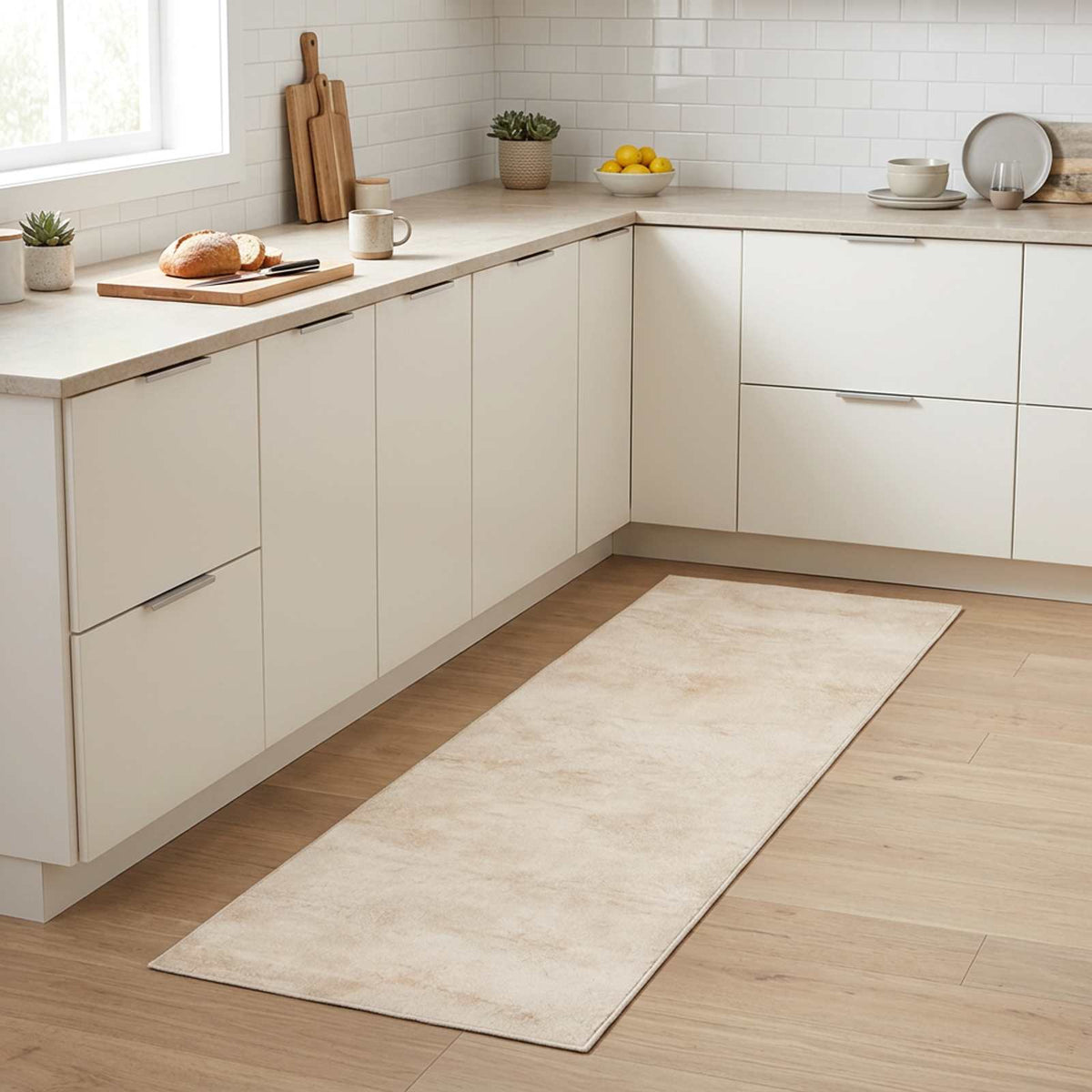 Kitchen Rug Cream Concrete 300 x 60 cm 100% Polyamide Washable