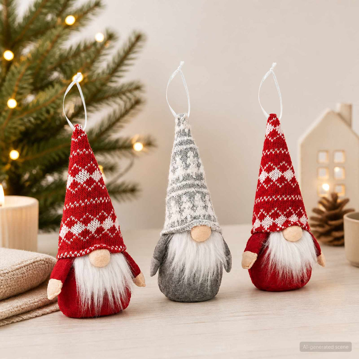 Sitting Gnome Set 3 pcs Red and Grey 10 x 18 cm Polyester