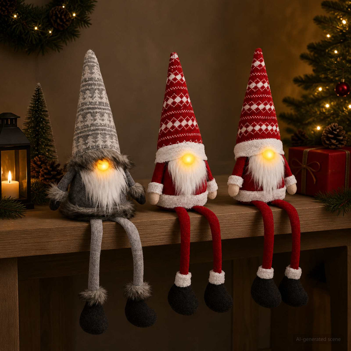 Sitting Gnome Set with LED Light 3 pcs Red and Grey 20 x 60 cm