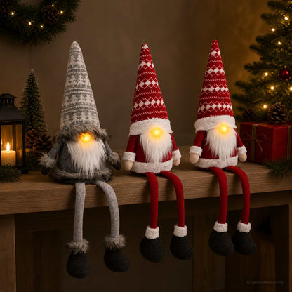 Sitting Gnome Set with LED Light 3 pcs Red and Grey 20 x 60 cm