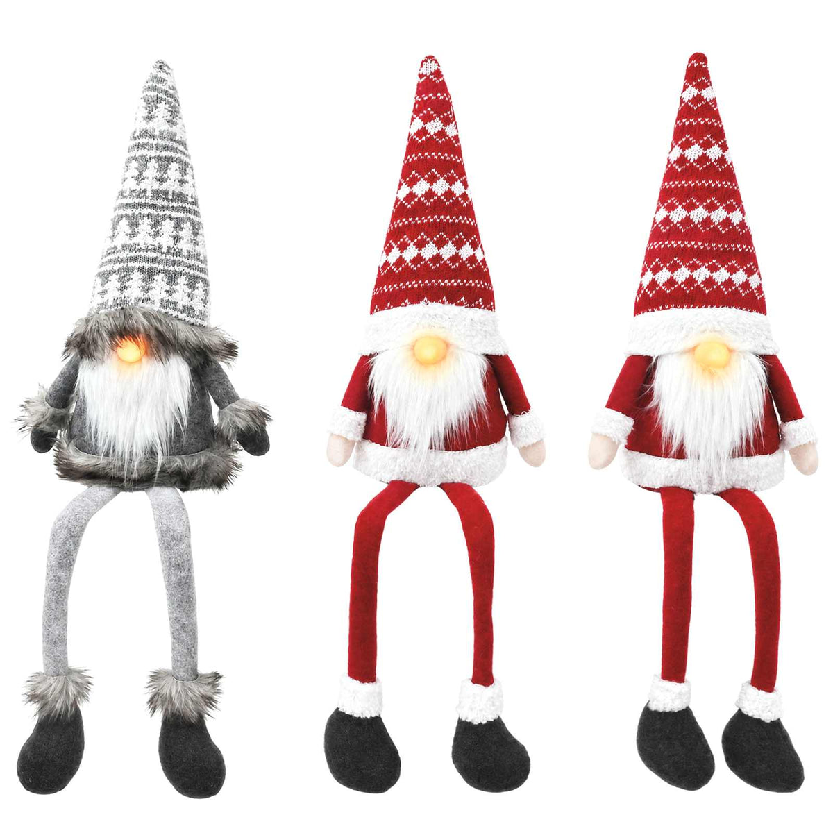 Sitting Gnome Set with LED Light 3 pcs Red and Grey 20 x 60 cm