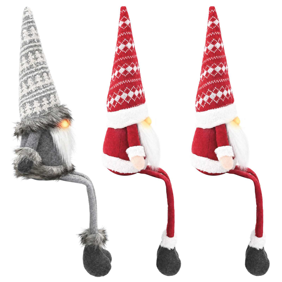 Sitting Gnome Set with LED Light 3 pcs Red and Grey 20 x 60 cm
