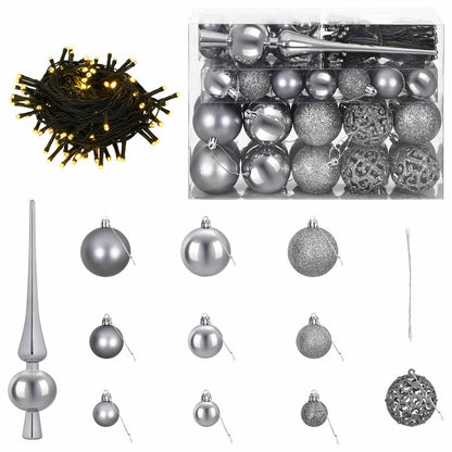 Christmas Bauble Set 61 pcs Grey Dia. 6 cm Plastic 300 LEDs