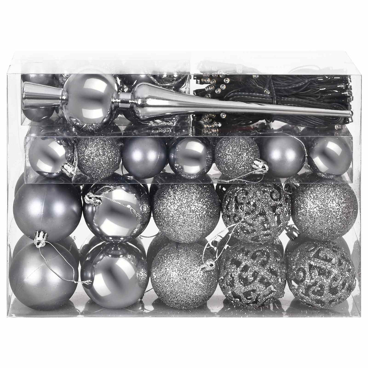 Christmas Bauble Set 61 pcs Grey Dia. 6 cm Plastic 300 LEDs