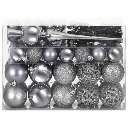 Christmas Bauble Set 61 pcs Grey Dia. 6 cm Plastic 300 LEDs