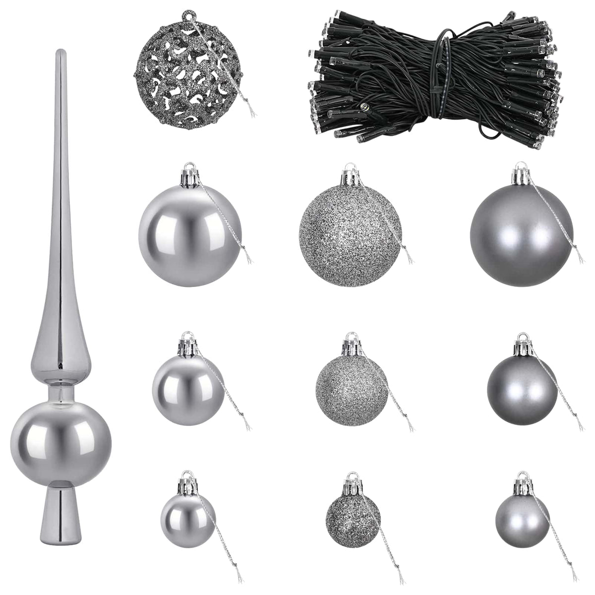 Christmas Bauble Set 61 pcs Grey Dia. 6 cm Plastic 300 LEDs