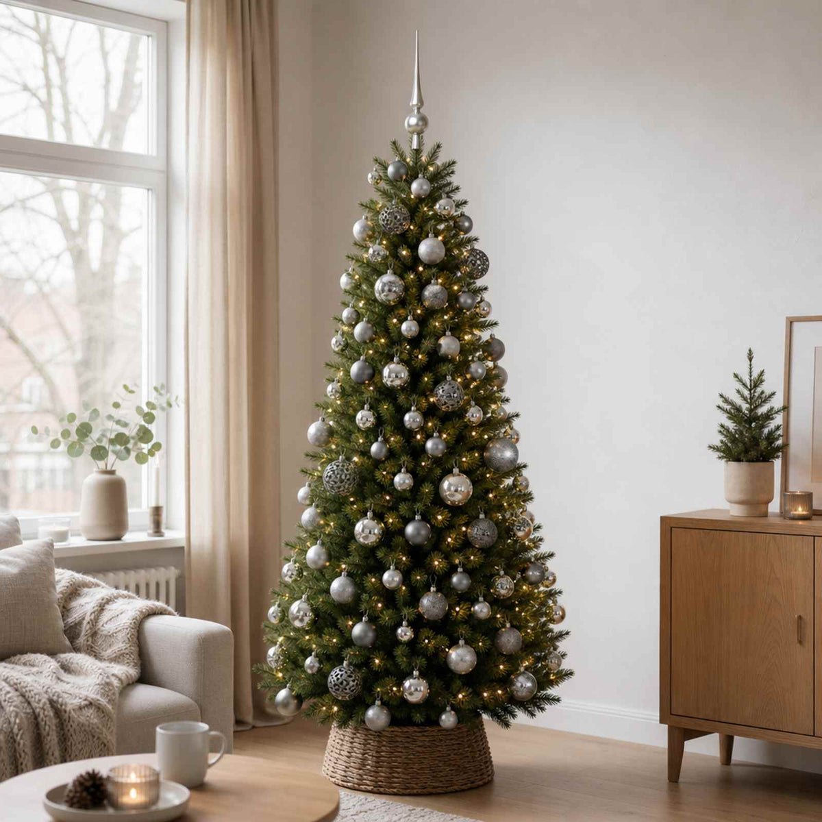 Christmas Bauble Set 120 pcs Grey Dia. 6 cm Plastic 300 LEDs