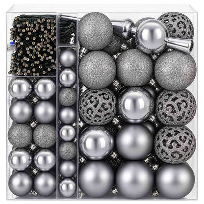 Christmas Bauble Set 120 pcs Grey Dia. 6 cm Plastic 300 LEDs