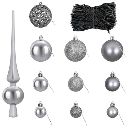 Christmas Bauble Set 120 pcs Grey Dia. 6 cm Plastic 300 LEDs