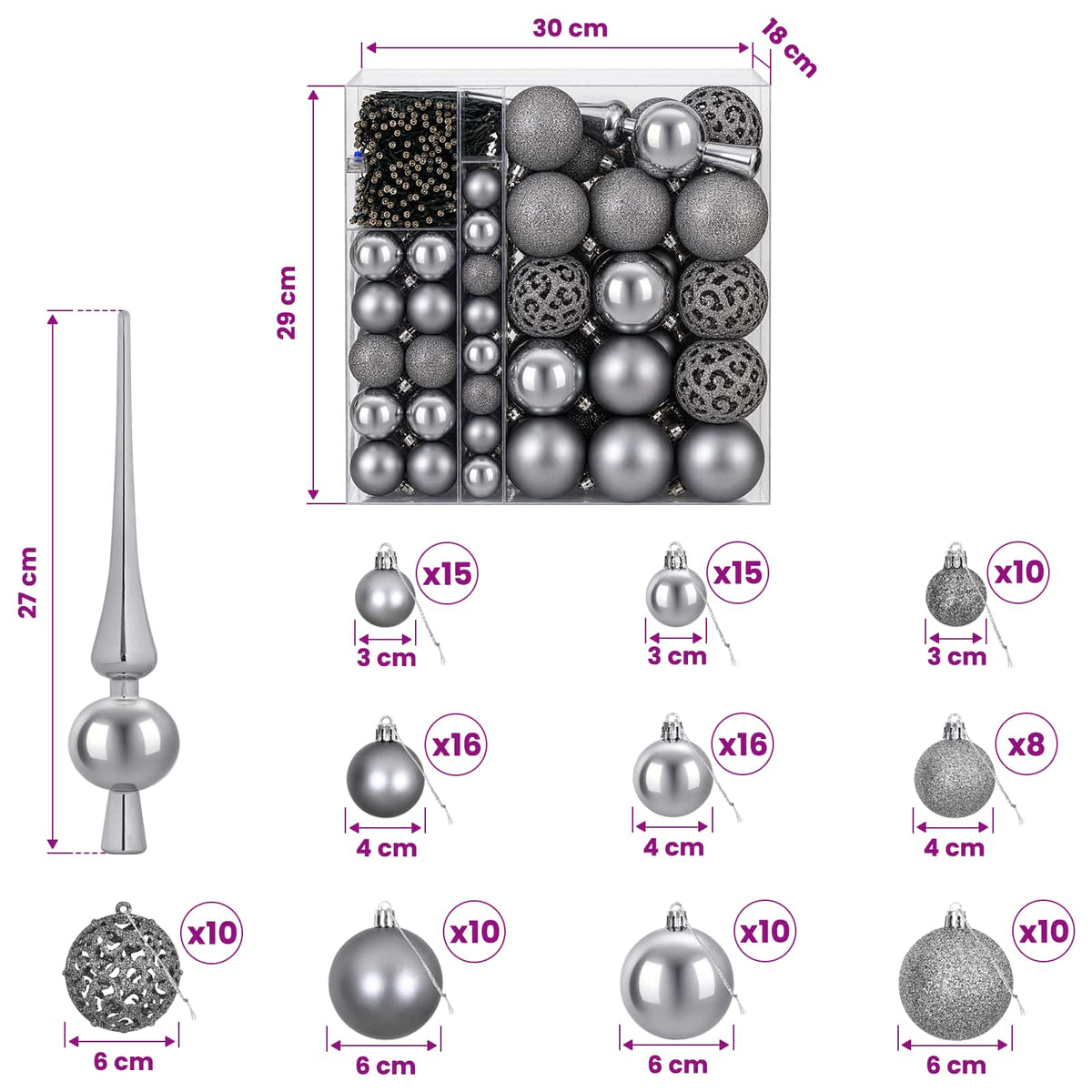 Christmas Bauble Set 120 pcs Grey Dia. 6 cm Plastic 300 LEDs