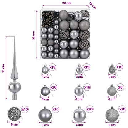 Christmas Bauble Set 120 pcs Grey Dia. 6 cm Plastic 300 LEDs