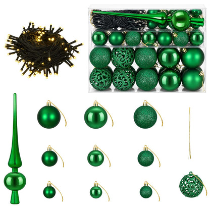 Christmas Bauble Set 61 pcs Green Dia. 6 cm Plastic 150 LEDs