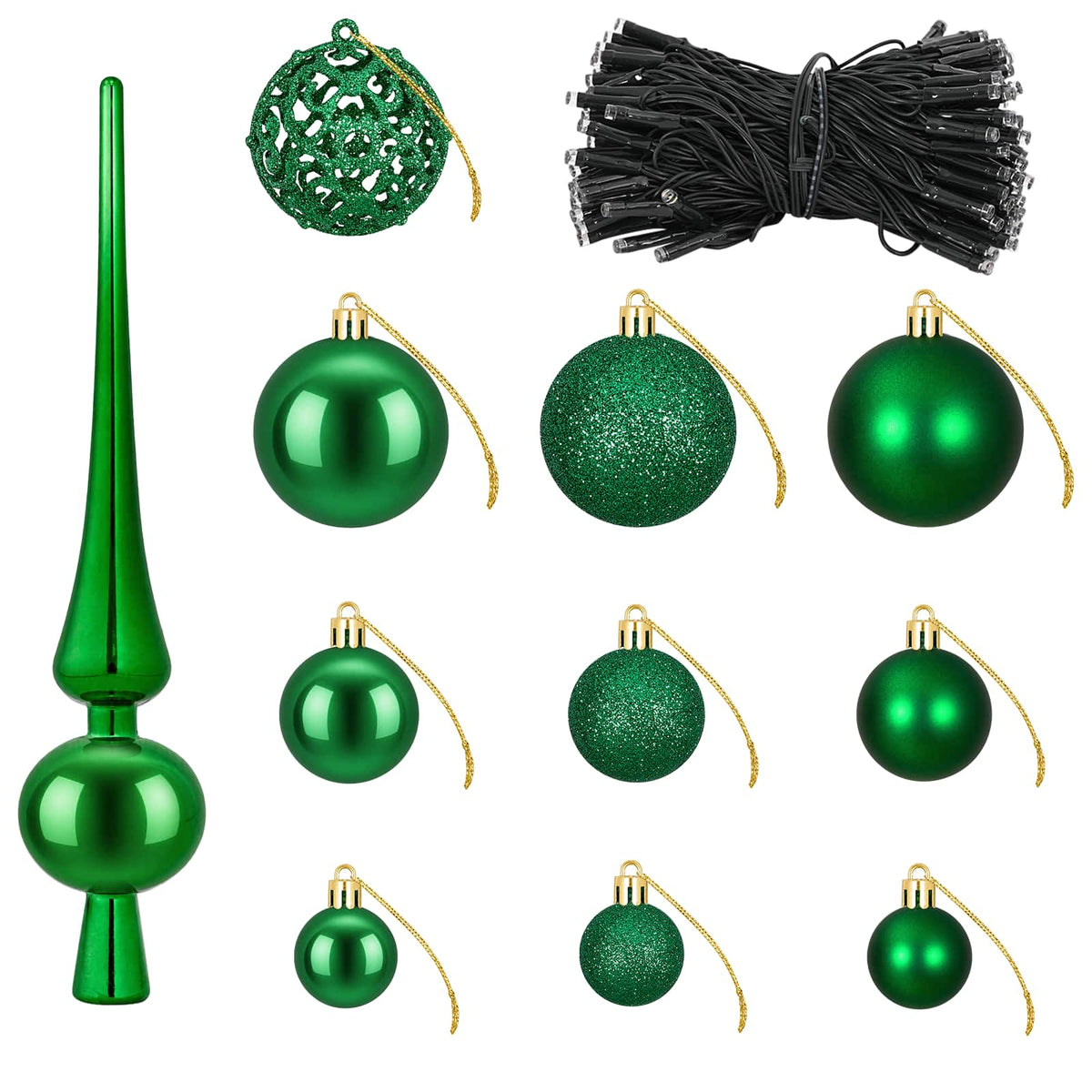 Christmas Bauble Set 61 pcs Green Dia. 6 cm Plastic 150 LEDs