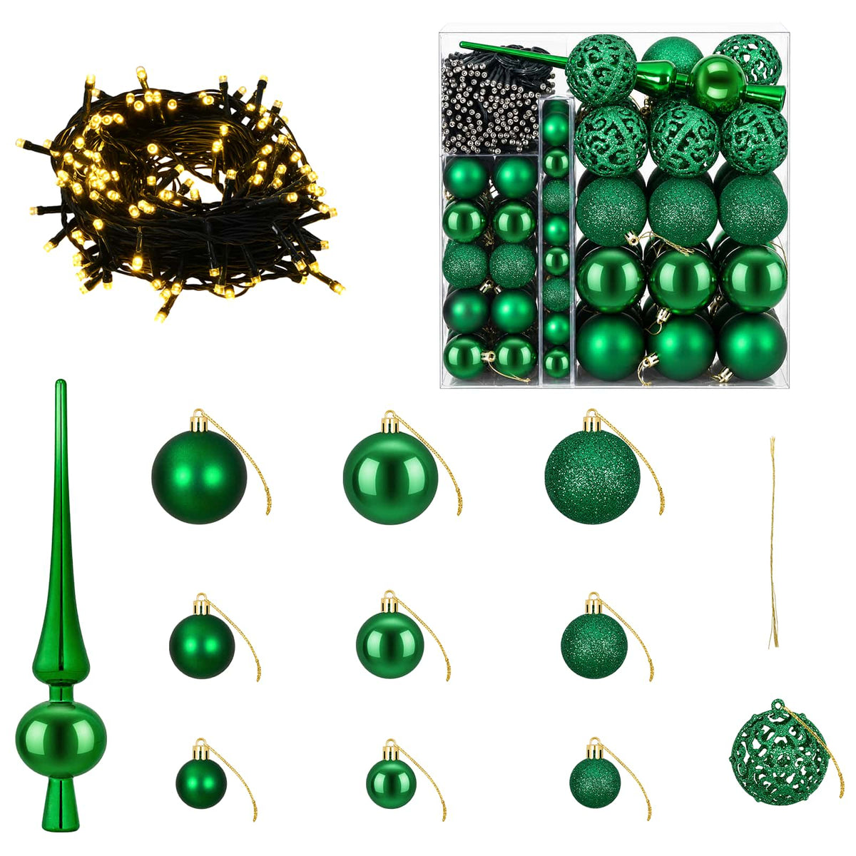 Christmas Bauble Set 120 pcs Green Dia. 6 cm Plastic 300 LEDs