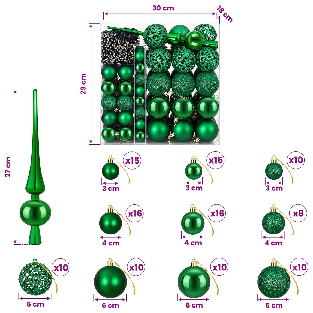 Christmas Bauble Set 120 pcs Green Dia. 6 cm Plastic 300 LEDs