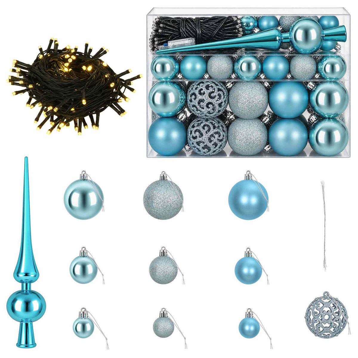 Christmas Bauble Set 61 pcs Turquoise Dia. 6 cm Plastic