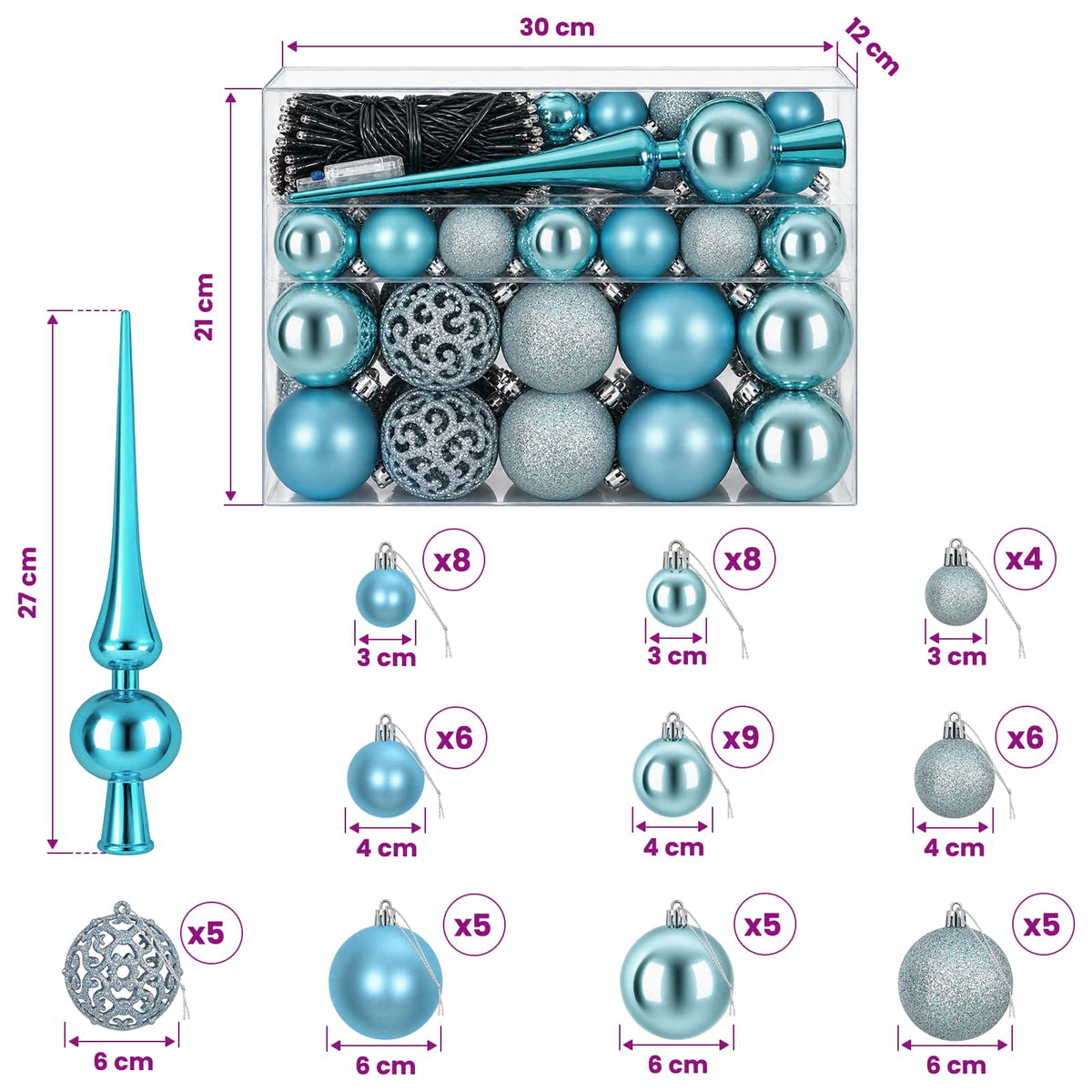 Christmas Bauble Set 61 pcs Turquoise Dia. 6 cm Plastic