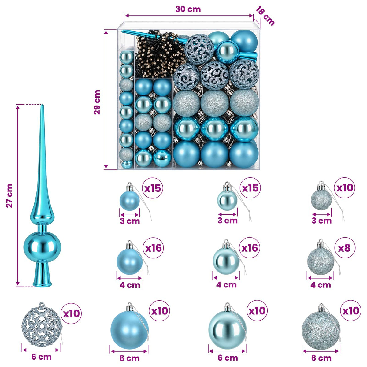 Christmas Bauble Set 120 pcs Turquoise Dia. 6 cm Plastic