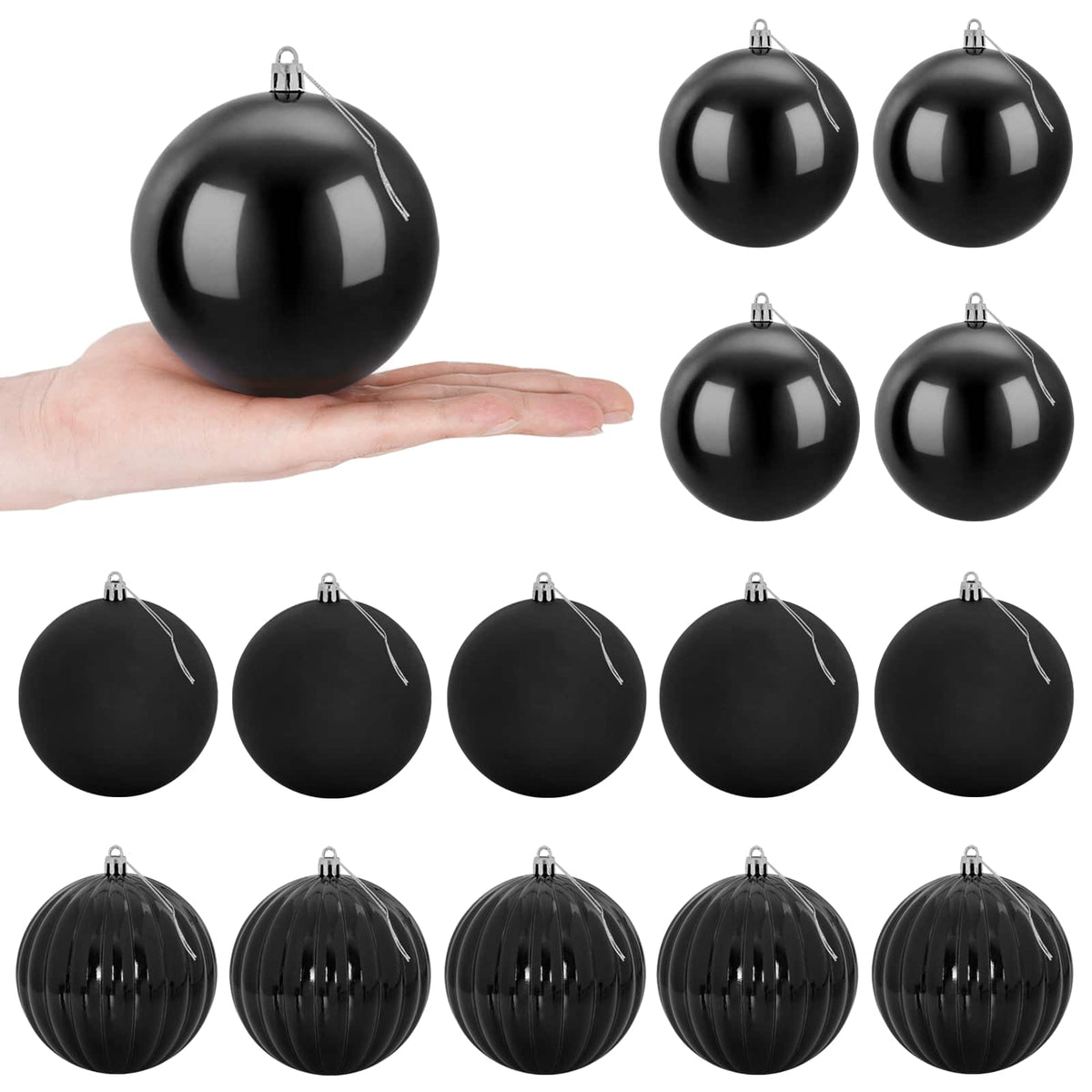 Christmas Ball Set XL 15 pcs Black Dia. 10 cm Plastic