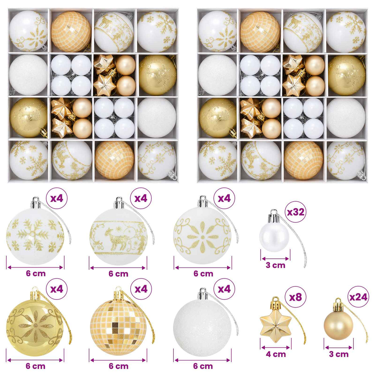 Christmas Ball Set 88 pcs Gold and White Ø 6 cm Plastic