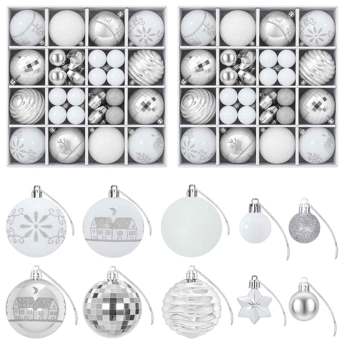 Christmas Ball Set 88 pcs Silver and White Ø 6 cm Plastic