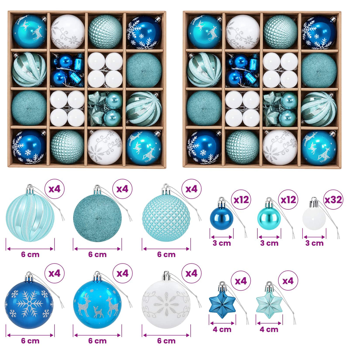 Christmas Ball Set 88 pcs Turquoise, Dark Blue and White Ø 6 cm