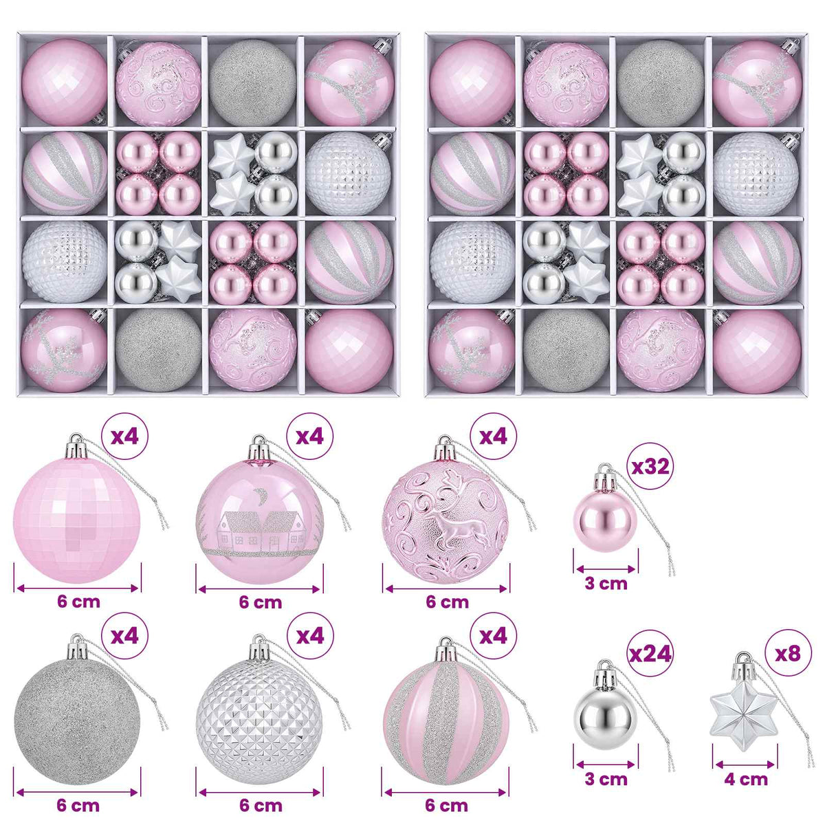 Christmas Ball Set 88 pcs Pink and Silver Ø 6 cm Plastic